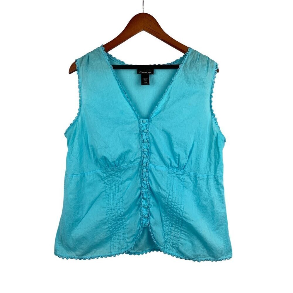 Avenue Womens Plus Size 14/16 Blue Sleeveless Cotton Top With Lace Trim